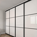 Curve White Glass Sliding Door Wardrobe Kit 4 Panel Brushed Black Frame - Bedrooms Plus