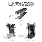 Compatibility diagram showing a metal track system with text 'THIS TRACK WORKS WITH THESE PARTS,' including U-channel and I-channel profile rails, a top guide, and a bottom roller on a white background.