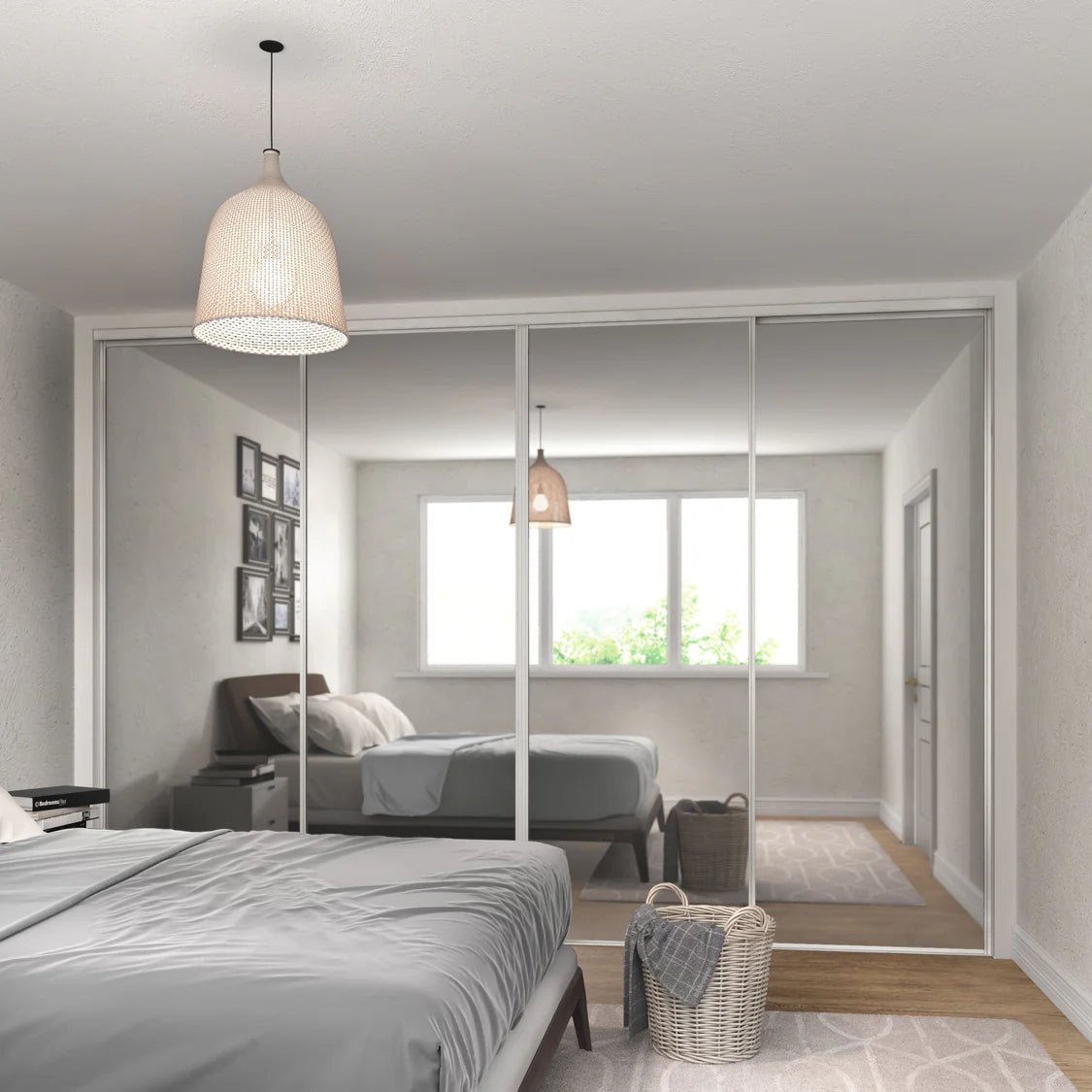 Express Silver Mirror Sliding Door Wardrobe Kit with Gloss White Frame 4 Door - Bedrooms Plus