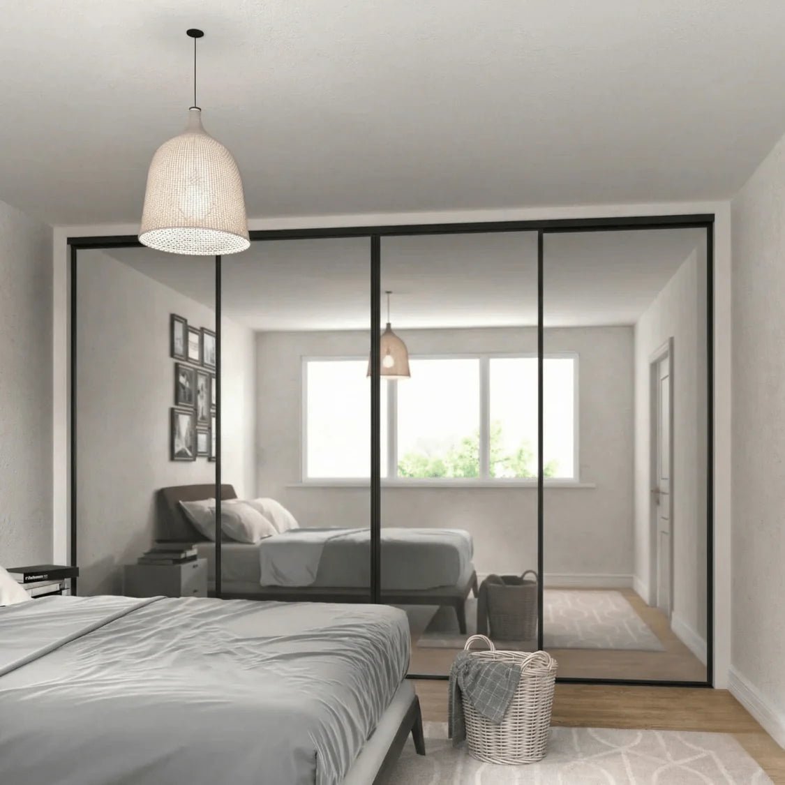 Express Silver Mirror Sliding Door Wardrobe Kit with Matt Black Frame 4 Door - Bedrooms Plus