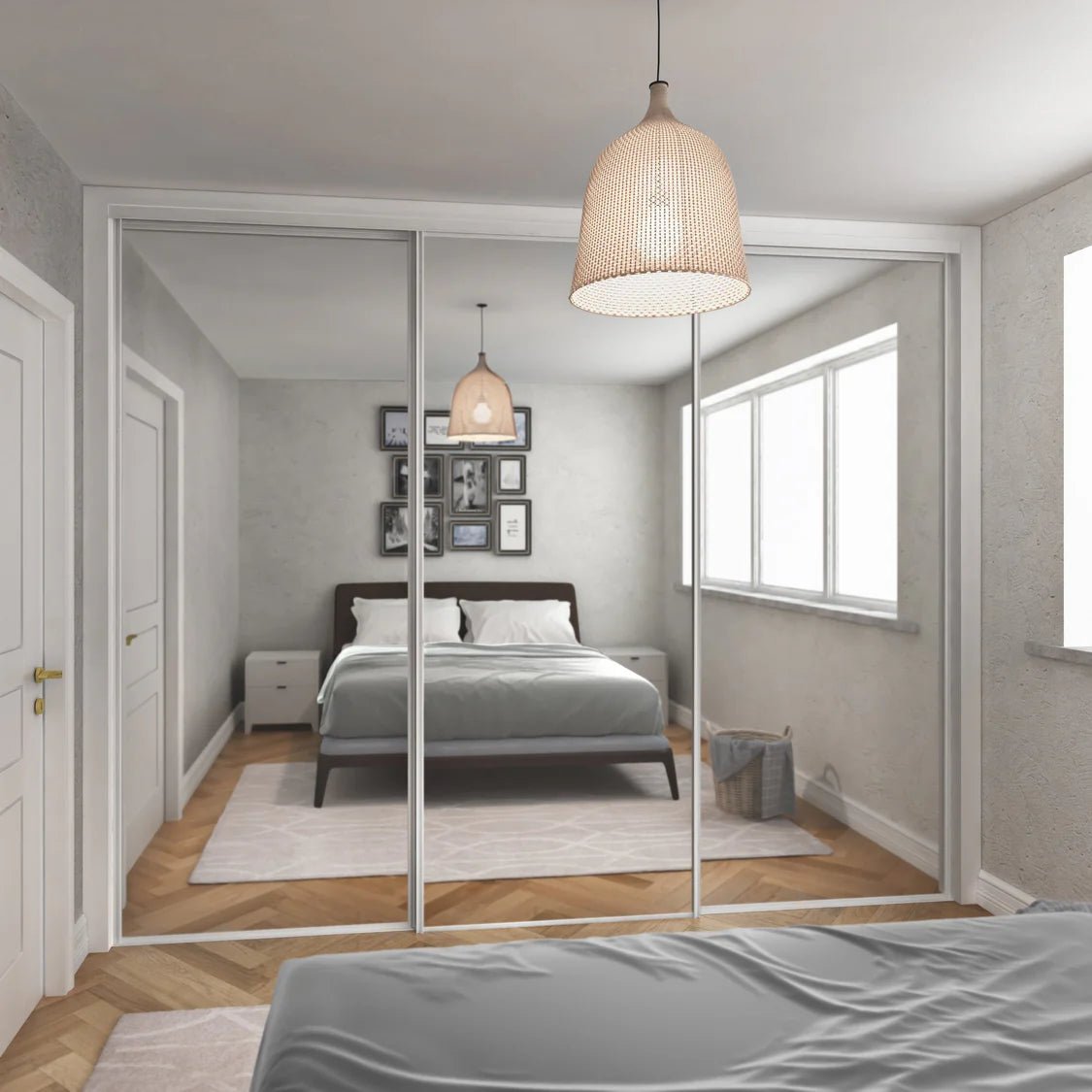 Express Sliding Door Wardrobe Kit Mirror with Gloss White Frame 3 Door - Bedrooms Plus