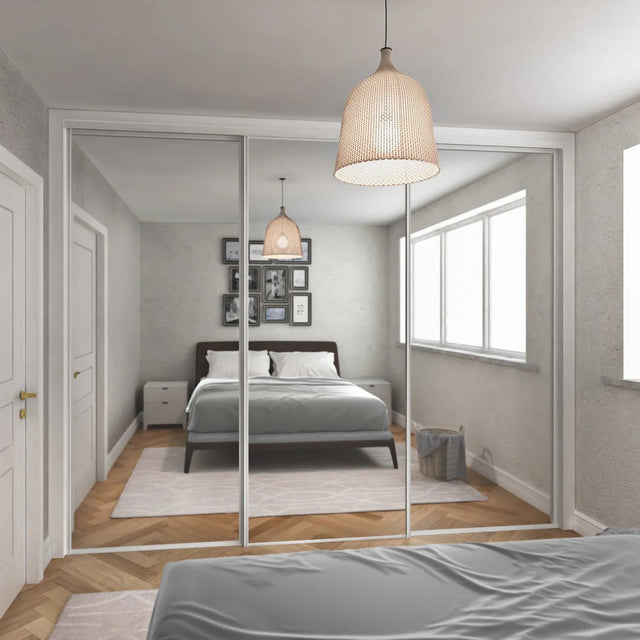 Express Sliding Door Wardrobe Kit Mirror with Gloss White Frame 3 Door - Bedrooms Plus