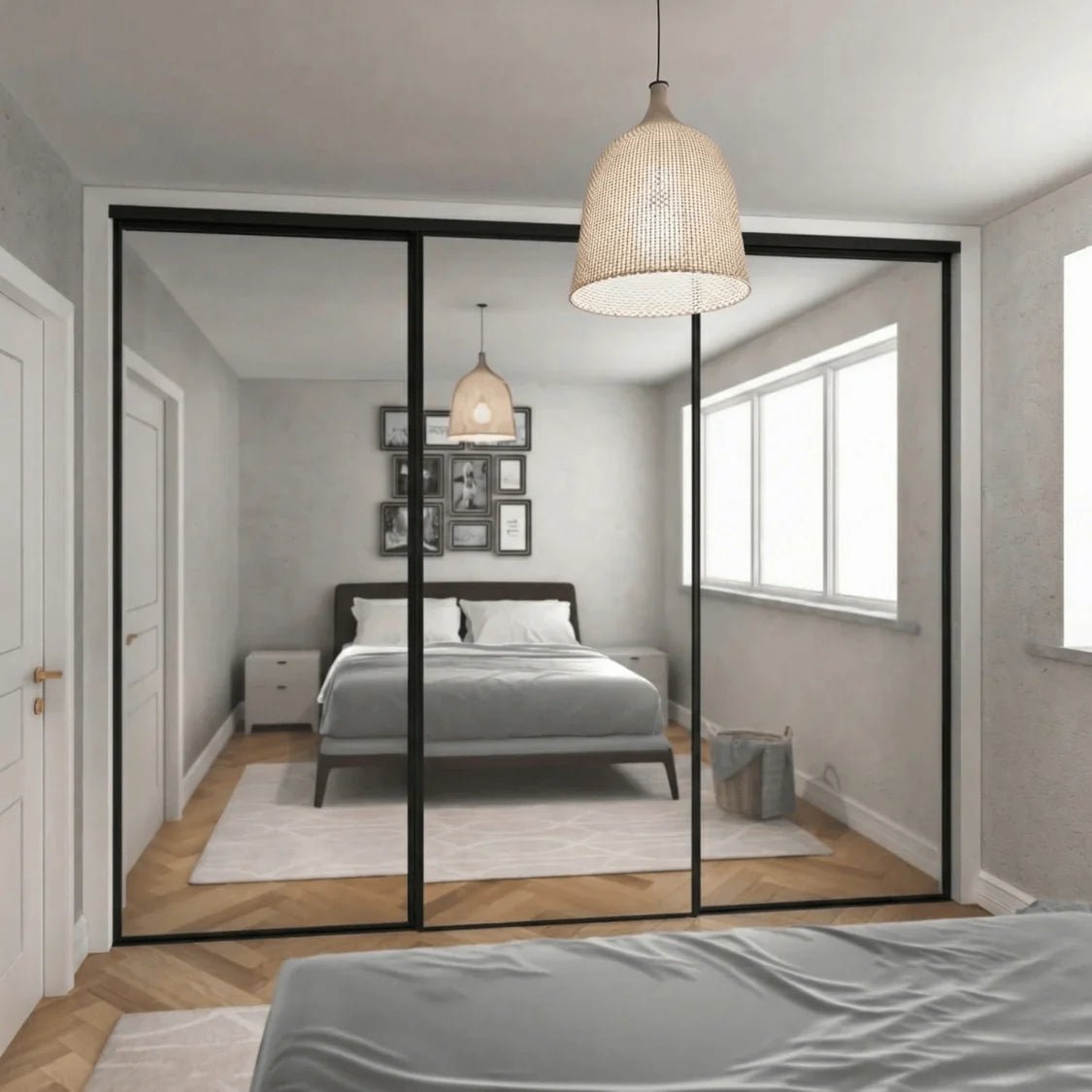 Express Sliding Door Wardrobe Kit Mirror with Matt Black Frame 3 Door - Bedrooms Plus
