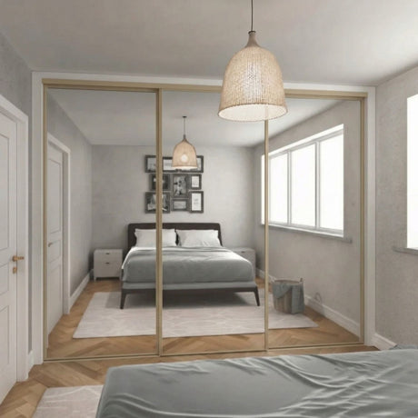 Express Sliding Door Wardrobe Kit Mirror with Satin Champagne Frame 3 Door - Bedrooms Plus