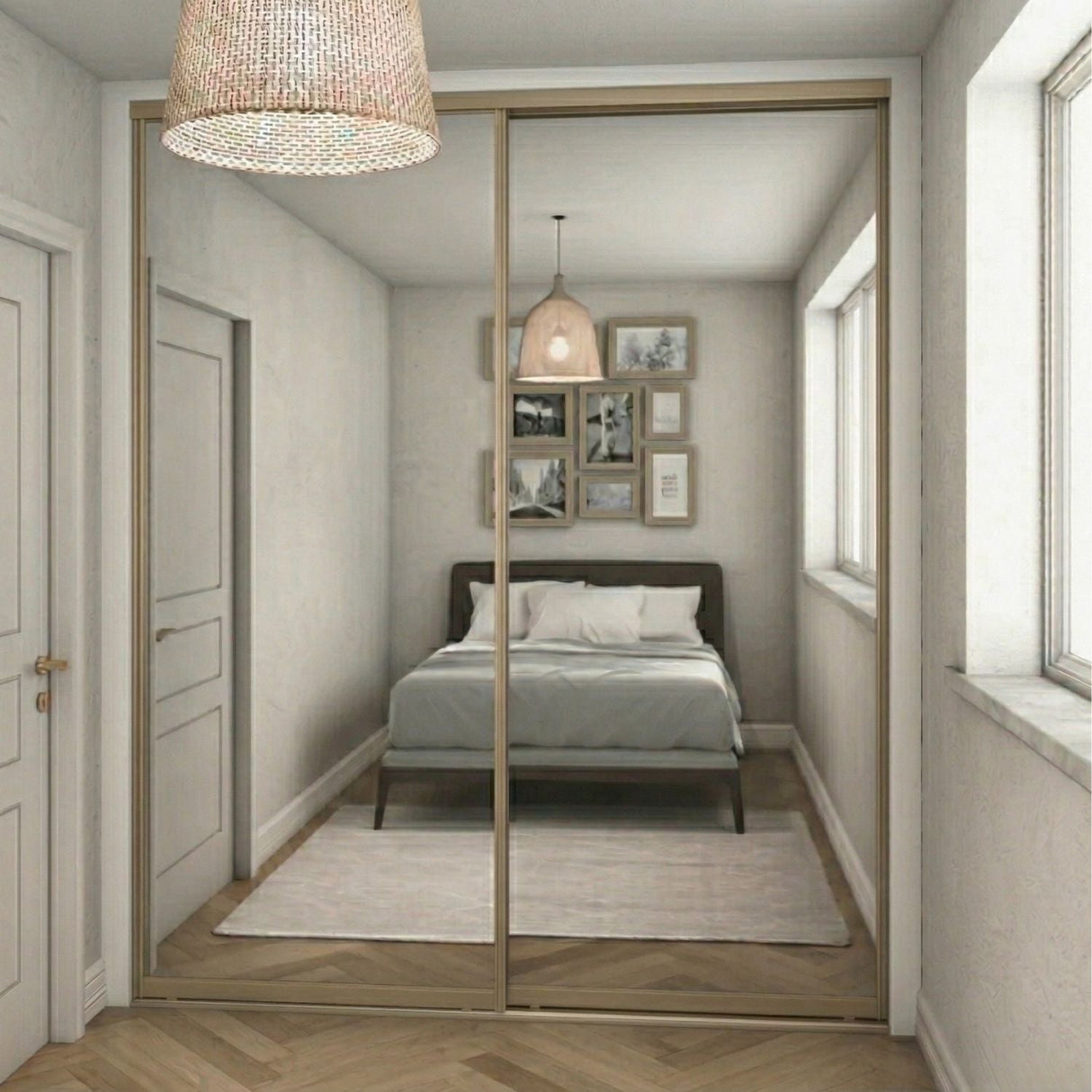 Express Sliding Wardrobe Door Kit Mirror 2 - Door Satin Champagne Frame - Bedrooms Plus