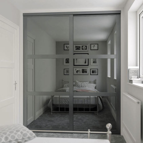 Graphite Shaker Sliding Door Wardrobe Kit - 2 Door Grey Mirror - Made To Measure - Bedrooms Plus