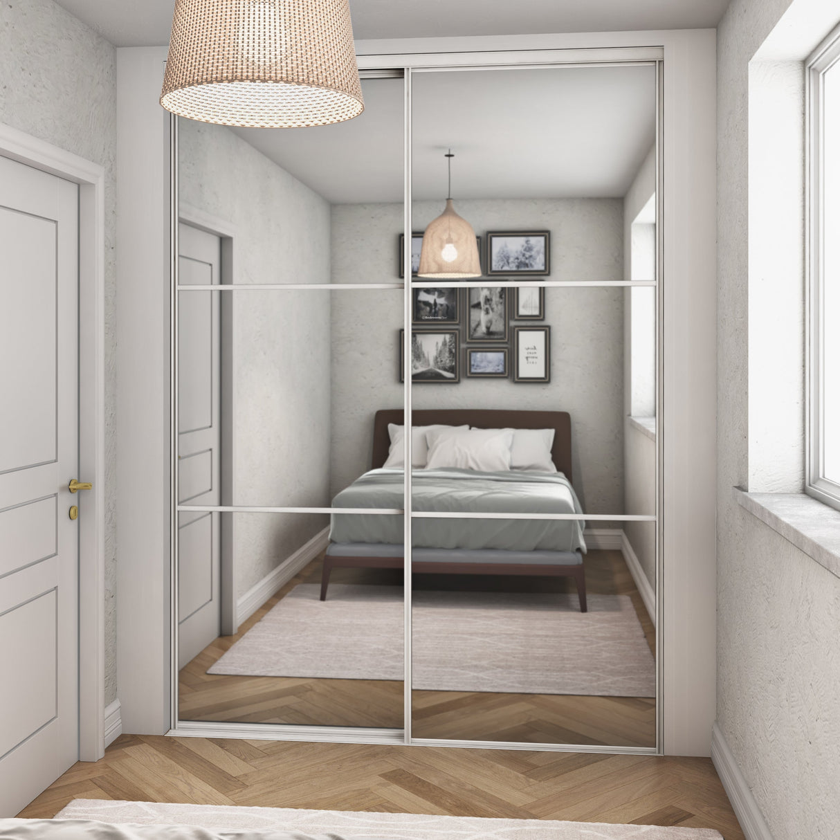 Heritage Mirror Sliding Door Wardrobe Kit 2 Panel with White Steel Frame - Bedrooms Plus