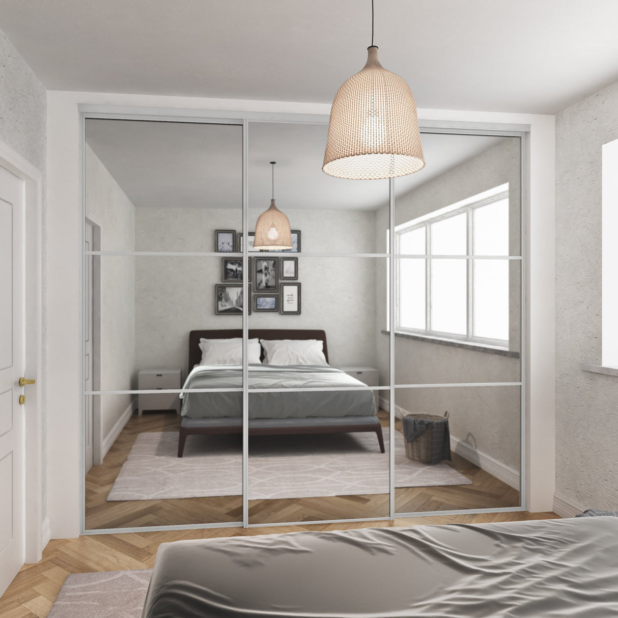 Heritage Mirror Sliding Door Wardrobe Kit 3 Panel with Silver Frame - Bedrooms Plus