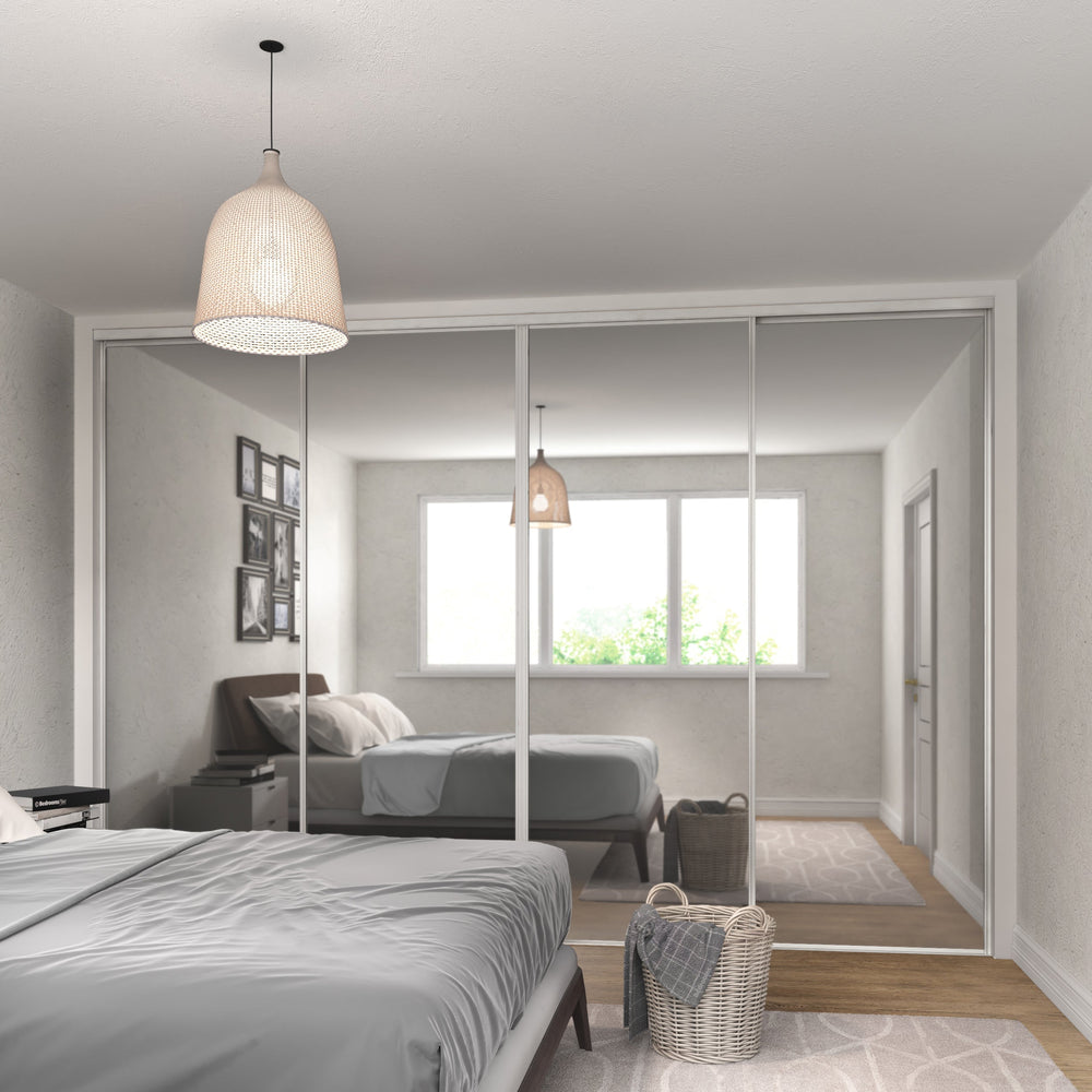 Heritage Mirror Sliding Door Wardrobe Kit 4 Panel with White Steel Frame - Bedrooms Plus