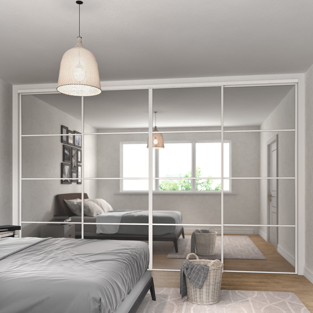 Heritage Mirror Sliding Door Wardrobe Kit 4 Panel with White Steel Frame - Bedrooms Plus