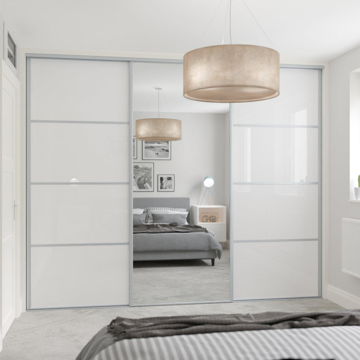 Heritage Pure White Glass & Mirror Sliding Door Wardrobe Kit with Silver Frame 3 Panel - Bedrooms Plus