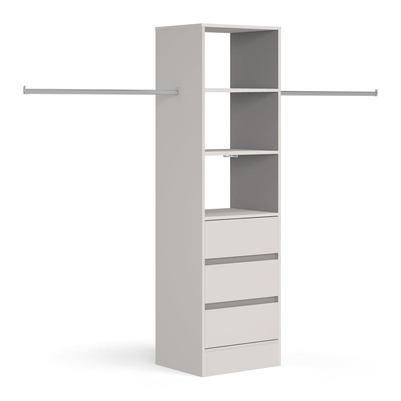 Light Grey Deluxe 3 Drawer Soft Close Tower Shelving Unit with Hanging Bars - Bedrooms Plus