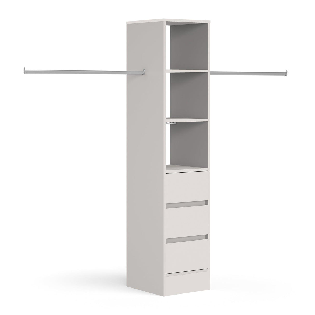 Light Grey Deluxe 3 Drawer Soft Close Tower Shelving Unit with Hanging Bars - Bedrooms Plus