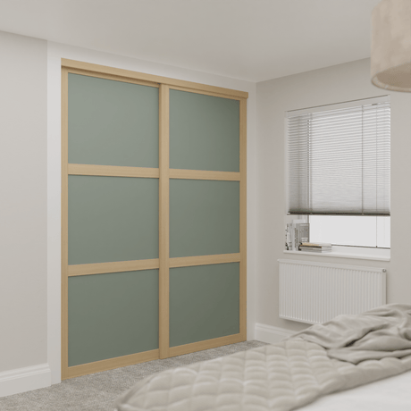 Light Oak Shaker Sliding Door Wardrobe Kit - 2 Door Reed Green Panels - Made To Measure - Bedrooms Plus