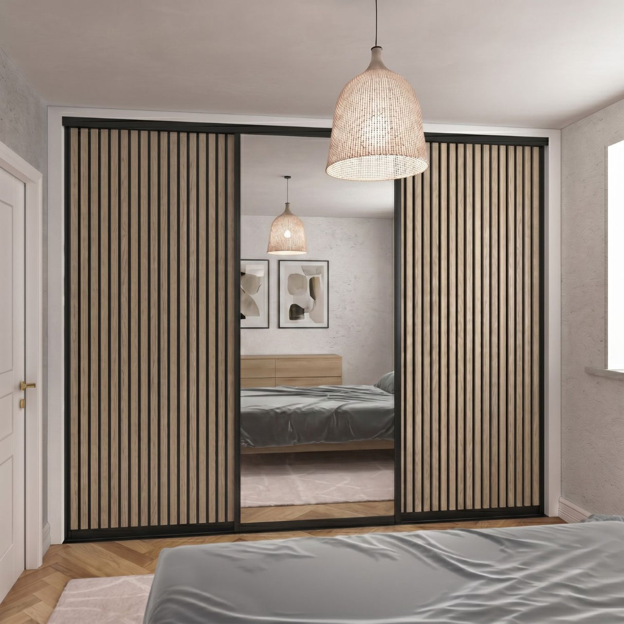 Supreme Matt Black Frame with Oak Acoustic Panel & Mirror Sliding Door Kit - 3 Door