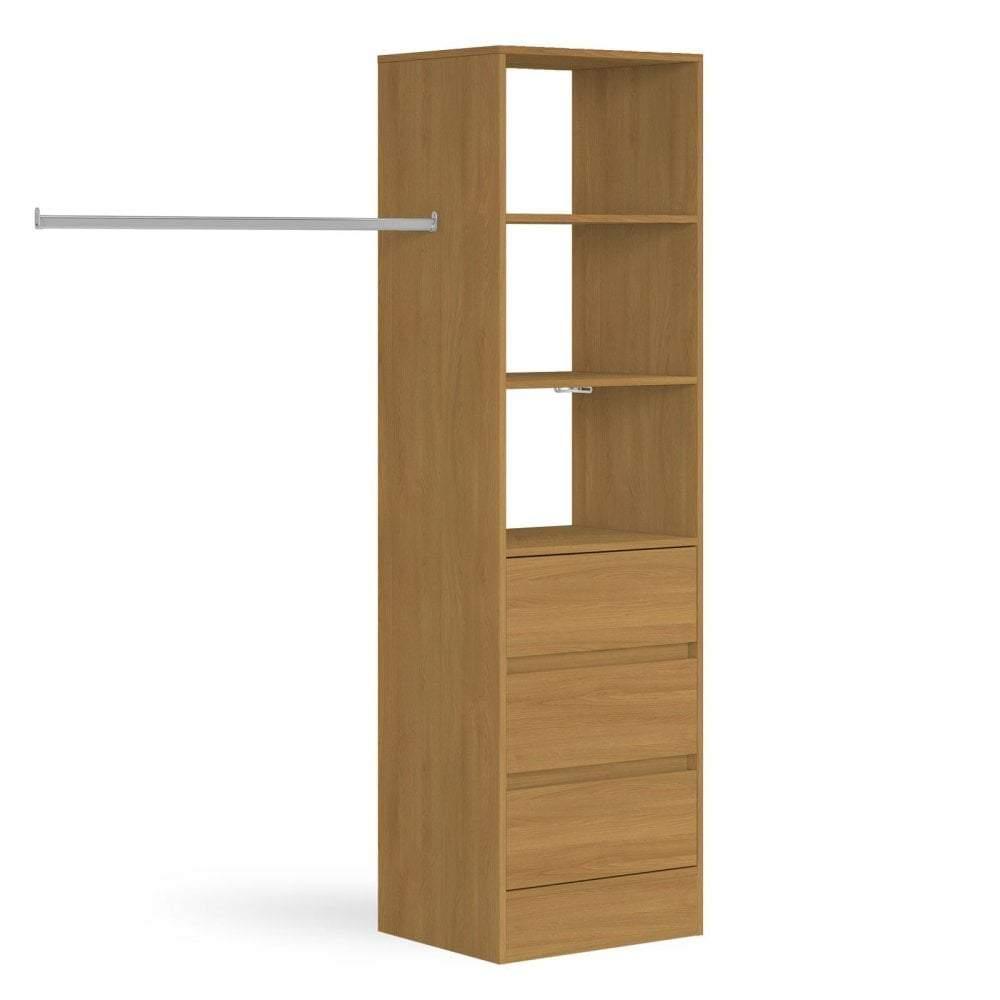 Oak Deluxe 3 Drawer Soft Close Tower Shelving Unit with Hanging Bars - Bedrooms Plus