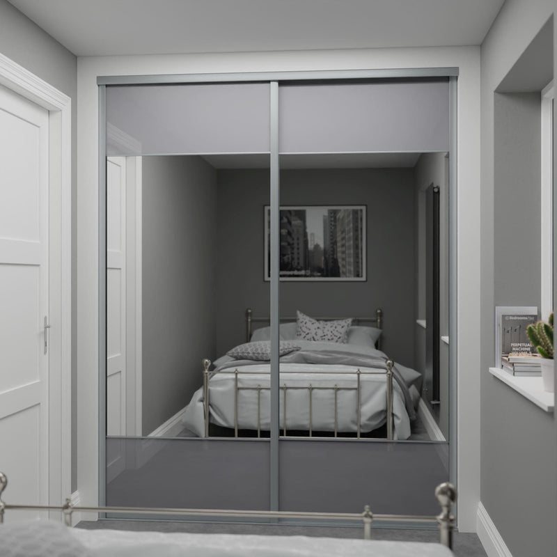 Satin Silver Curve Sliding Door Wardrobe Kit - 2 Door Storm Grey Glass & Mirror 3 Panel - Made To Measure - Bedrooms Plus