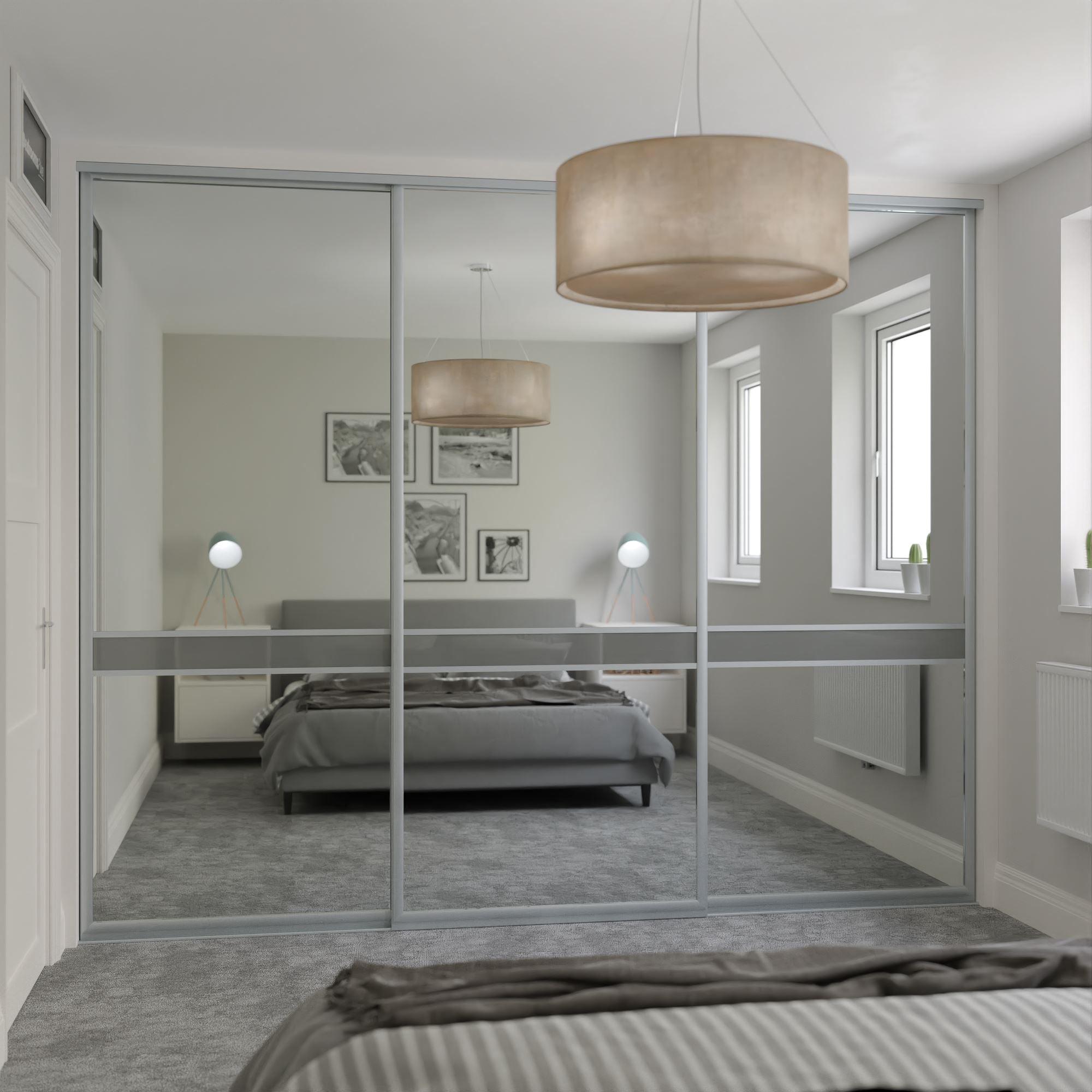 Satin Silver Frame Curve 3 Door Mirror Grey Glass Sliding Wardrobe K Bedrooms Plus