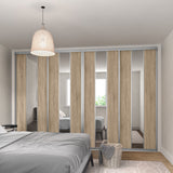 Satin Silver Curve Sliding Door Wardrobe Kit - 4 Door Verti Design - Mirror & Grey Bardolino Oak - Made To Measure - Bedrooms Plus