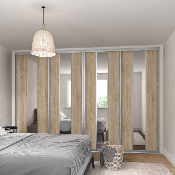 Satin Silver Curve Sliding Door Wardrobe Kit - 4 Door Verti Design - Mirror & Grey Bardolino Oak - Made To Measure - Bedrooms Plus