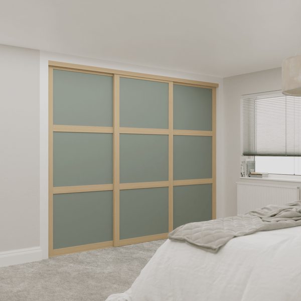 Shaker Green Wood Sliding Door Wardrobe Kit 3 Panel with Light Oak Frame - Bedrooms Plus
