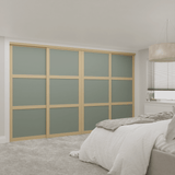 Shaker Green Wood Sliding Door Wardrobe Kit 4 Panel with Light Oak Frame - Bedrooms Plus