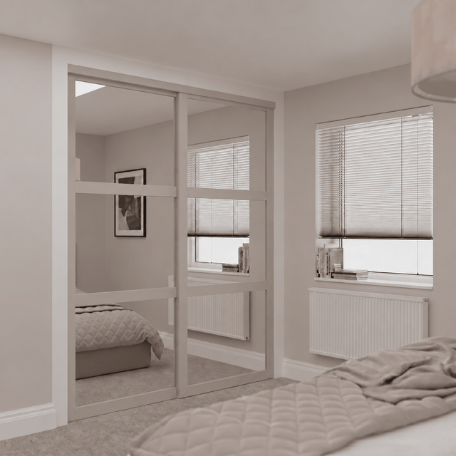 Shaker Light Grey 2-Door Sliding Wardrobe Door Kit - Light Grey Frame, 3-Panel Mirror Design - Bedrooms Plus