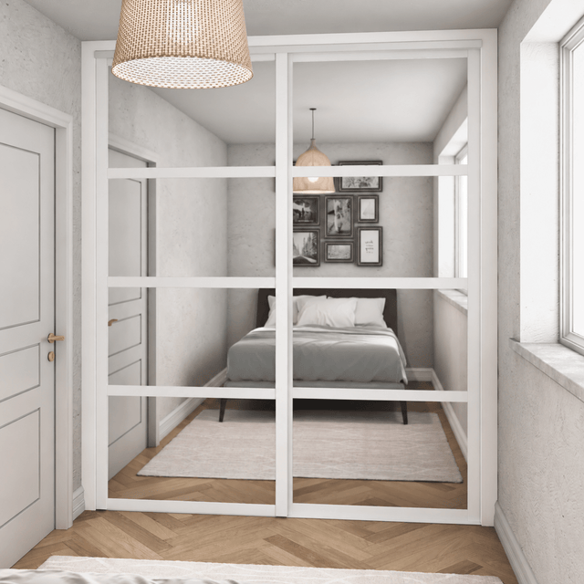 Shaker Luxe Gloss White 2-Door Sliding Wardrobe Door Kit -Gloss White Frame, 4-Panel Mirror Design - Bedrooms Plus