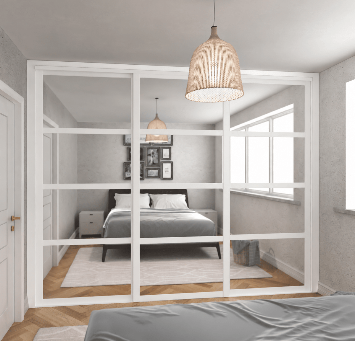 Shaker Luxe Gloss White 3-Door Sliding Wardrobe Door Kit - Gloss White Frame, 4-Panel Mirror Design - Bedrooms Plus