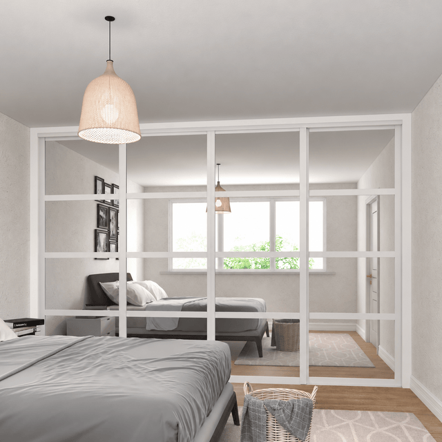 Shaker Luxe Gloss White 4-Door Sliding Wardrobe Door Kit - Gloss White Frame, 4-Panel Mirror Design - Bedrooms Plus