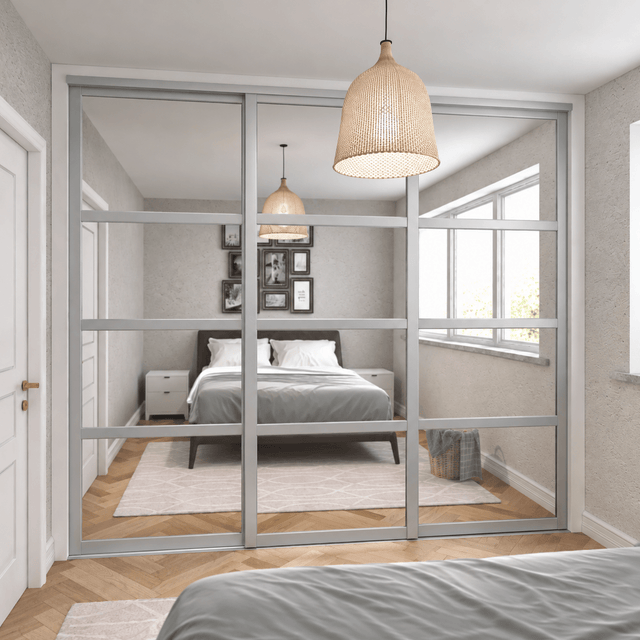 Shaker Luxe Satin Silver 3-Door Sliding Wardrobe Door Kit - Satin Silver Frame, 4-Panel Mirror Design - Bedrooms Plus