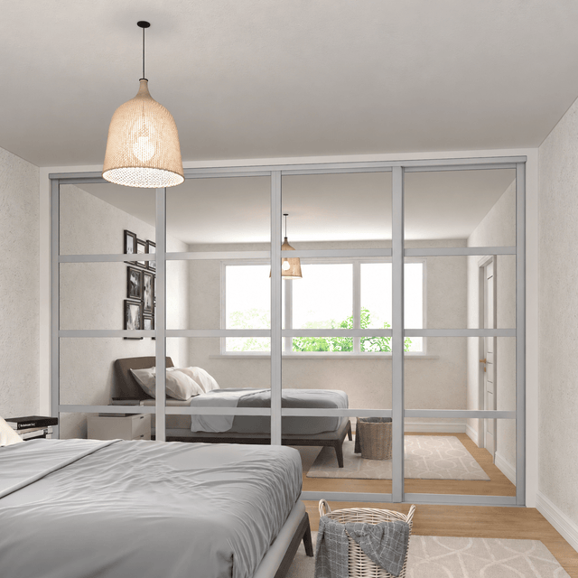 Shaker Luxe Satin Silver 4-Door Sliding Wardrobe Door Kit - Satin Silver Frame, 4-Panel Mirror Design - Bedrooms Plus
