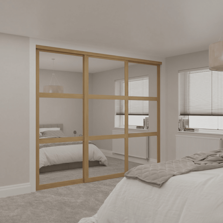 Shaker Mirror 3 Door Sliding Door Wardrobe Kit with Oak Steel Frame - Bedrooms Plus