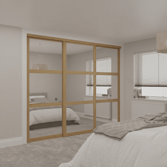 Shaker Mirror 3 Door Sliding Door Wardrobe Kit with Oak Steel Frame - Bedrooms Plus