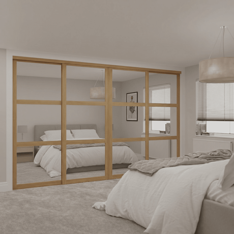 Shaker Mirror 4 Door Sliding Door Wardrobe Kit with Oak Steel Frame - Bedrooms Plus