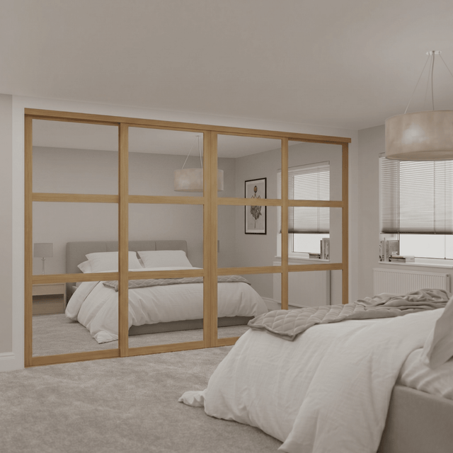 Shaker Mirror 4 Door Sliding Door Wardrobe Kit with Oak Steel Frame - Bedrooms Plus