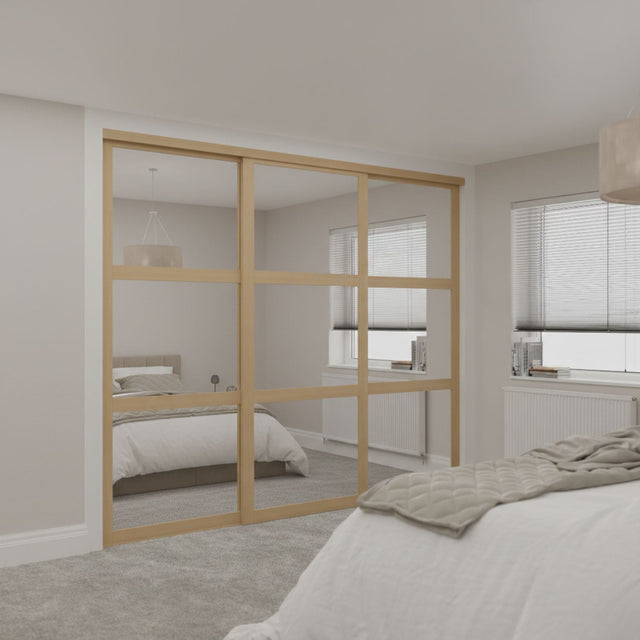 Shaker Mirror Sliding Door Wardrobe Kit 3 Panel with Light Oak Steel Frame - Bedrooms Plus