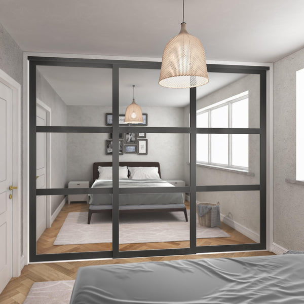 Shaker Mirror Sliding Door Wardrobe Kit with Graphite Steel Frame 3 Panel