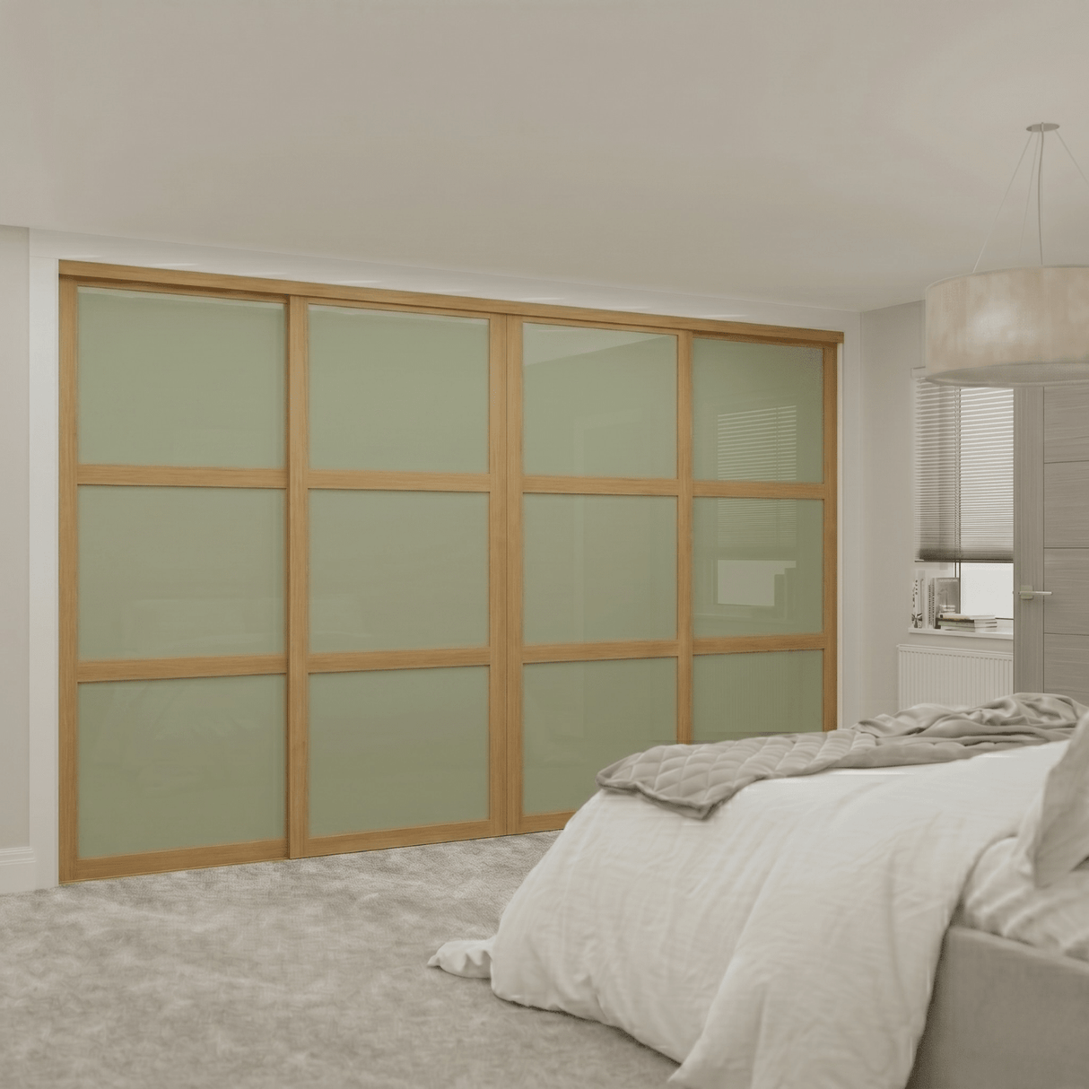 Shaker Oak Frame Sliding Wardrobe Kit with Sage Green Glass - 4 Door - Bedrooms Plus
