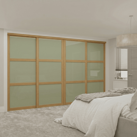 Shaker Oak Frame Sliding Wardrobe Kit with Sage Green Glass - 4 Door - Bedrooms Plus