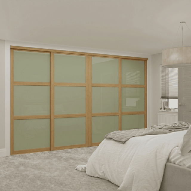 Shaker Oak Frame Sliding Wardrobe Kit with Sage Green Glass - 4 Door - Bedrooms Plus
