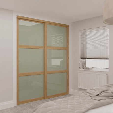 Shaker Oak Framed Sliding Door Kit with Sage Green Glass - 2 Door - Bedrooms Plus