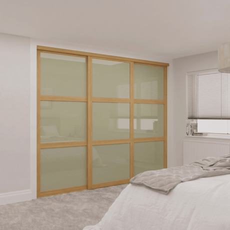 Shaker Oak Framed Sliding Door Kit with Sage Green Glass - 3 Door - Bedrooms Plus