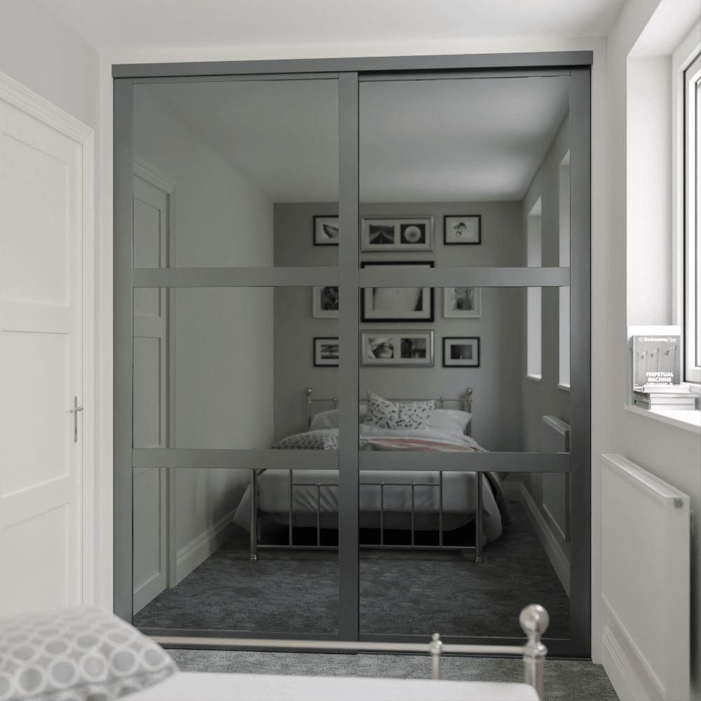 Shaker Sliding Wardrobe Door Kit Grey Mirror 2 - Door Graphite Frame - Bedrooms Plus