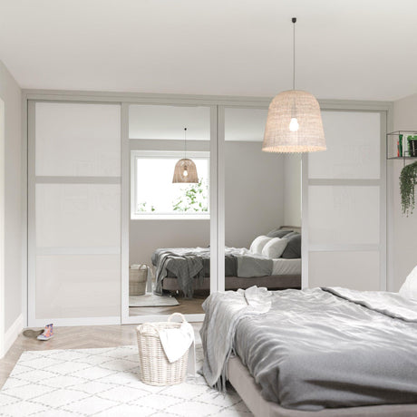 Shaker White Glass & Mirror Sliding Door Wardrobe Kit Light Grey Frame 4 Panel - Bedrooms Plus