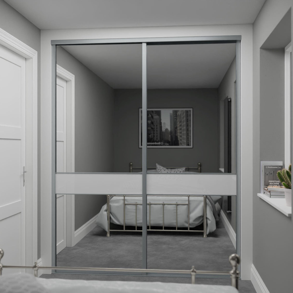 Silver Frame Heritage Sliding Door Wardrobe Kit - 2 Doors - 3 Panels Mirror & Pure White Glass - Made To Measure - Bedrooms Plus