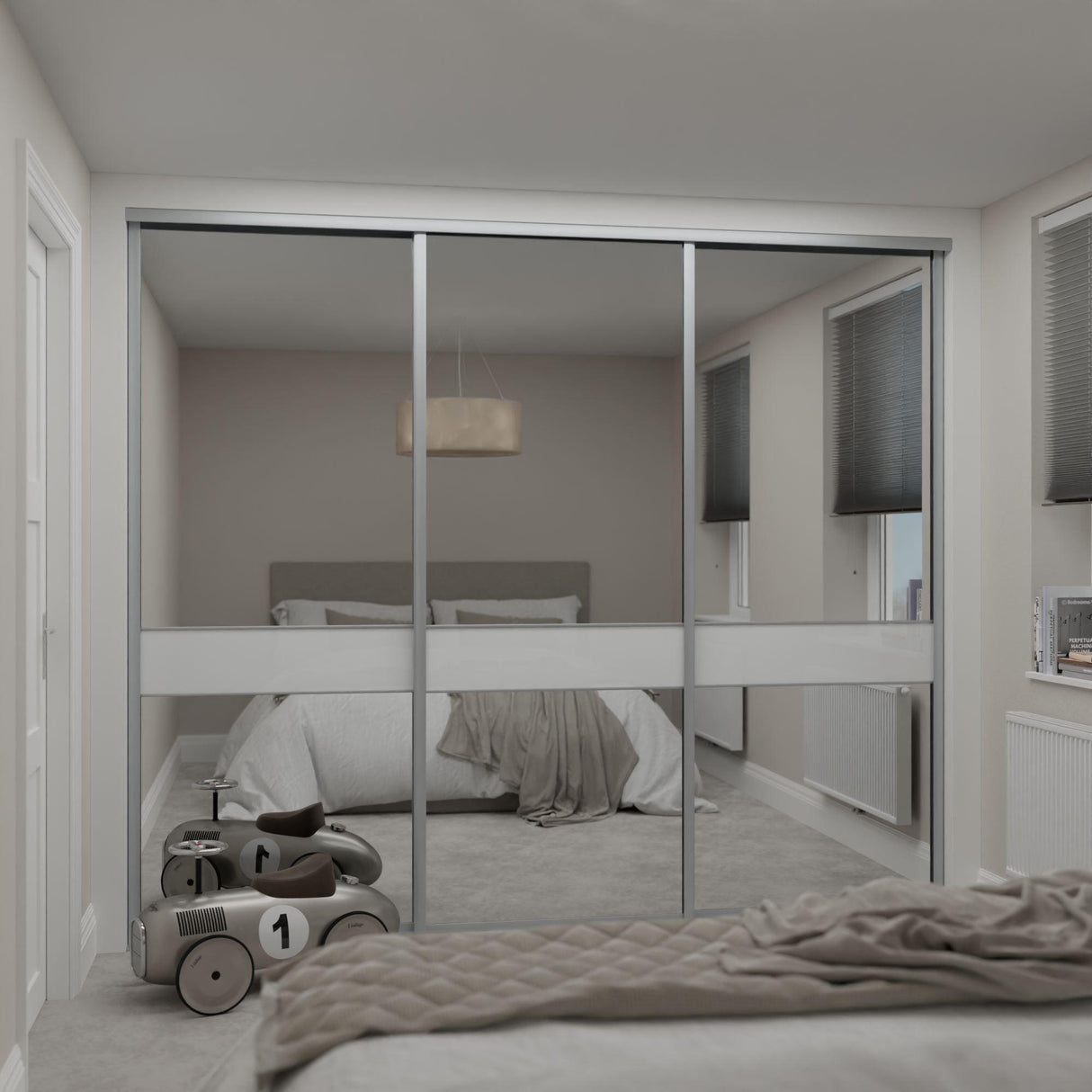 Silver Frame Heritage Sliding Door Wardrobe Kit - 3 Doors - 3 Panels Mirror & Pure White Glass - Made To Measure - Bedrooms Plus