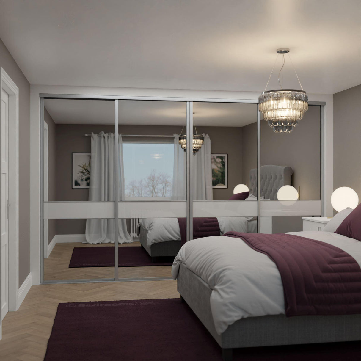 Silver Frame Heritage Sliding Door Wardrobe Kit - 4 Doors - 3 Panels Mirror & Pure White Glass - Made To Measure - Bedrooms Plus