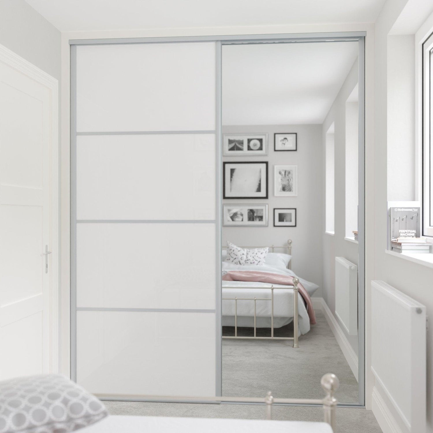 Silver Heritage Sliding Door Wardrobe Kit - 2 Door Mirror & Pure White Glass - Made To Measure - Bedrooms Plus