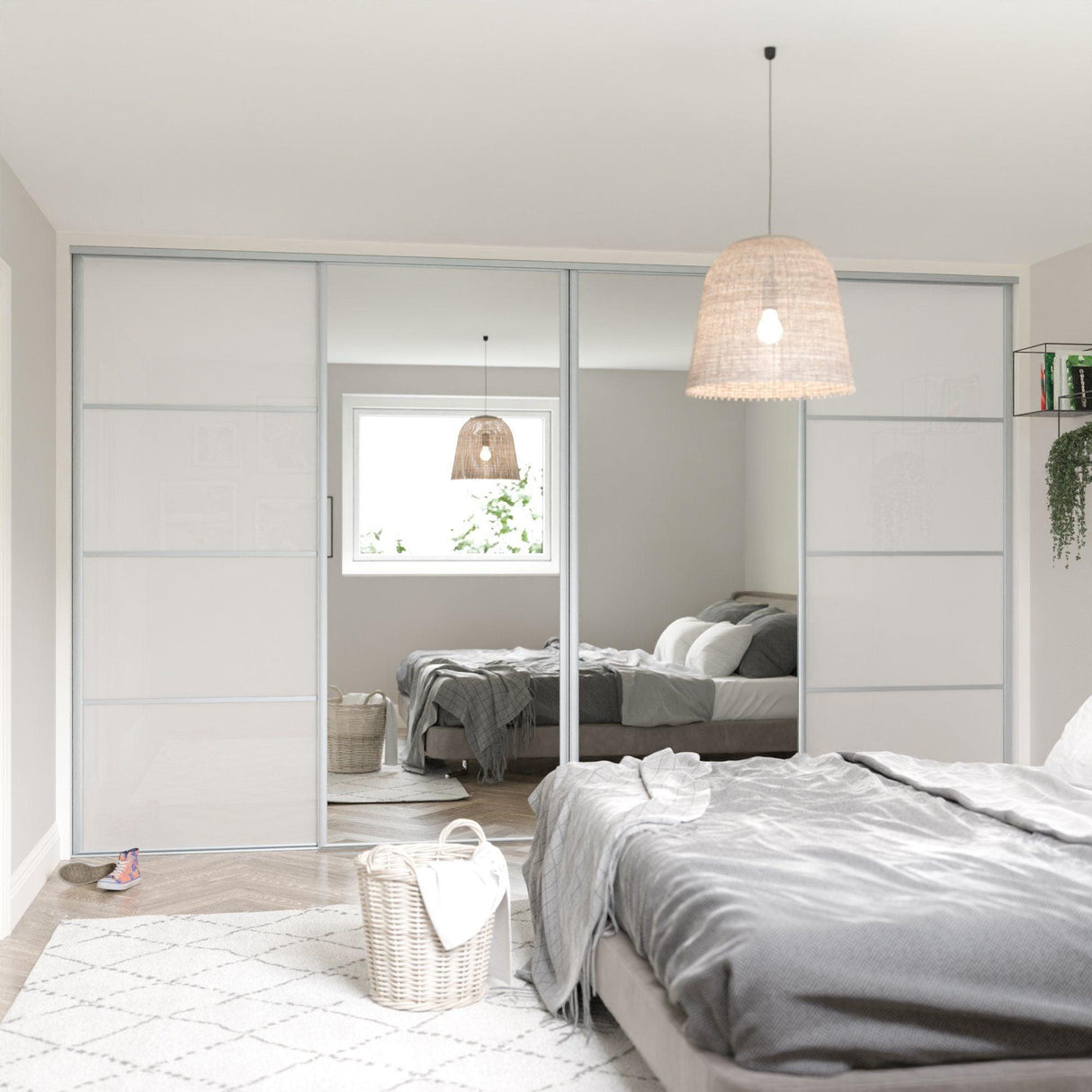 Silver Heritage Sliding Door Wardrobe Kit - 4 Door Mirror & Pure White Glass - Made To Measure - Bedrooms Plus